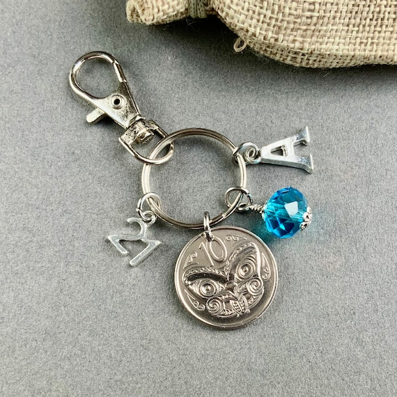New Zealand 21st Birthstone gift, 2001 10 cent coin charm, choice of initial and charm colour, 21st birthday or anniversary gift