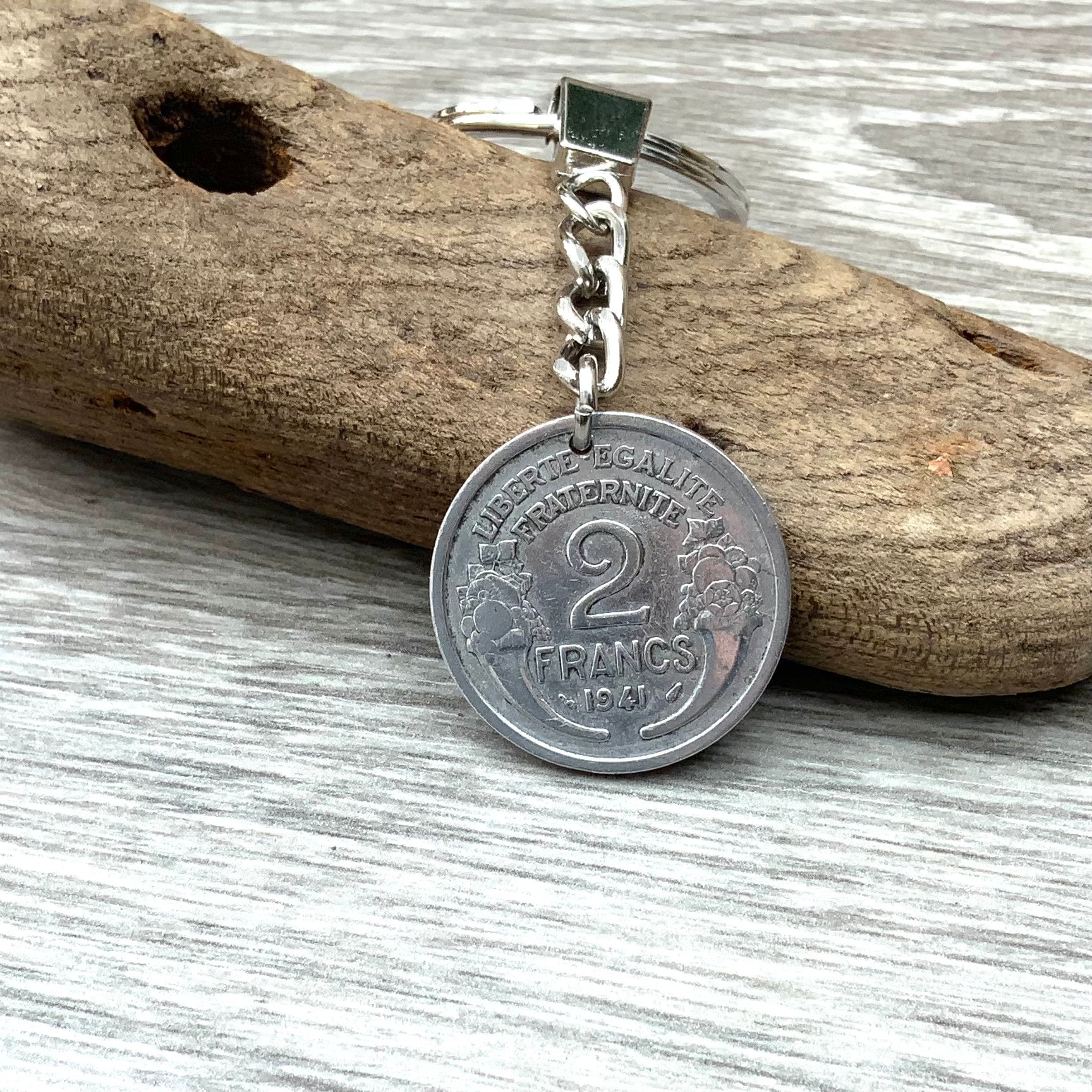 1941 French coin key ring, key chain, hand made using a genuine 2 franc