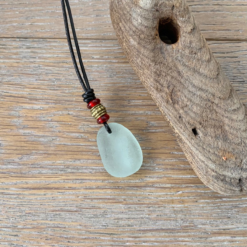 Cornish sea glass unisex necklace with red bead and bronze beads boho beach jewellery Natural sea glass pendant