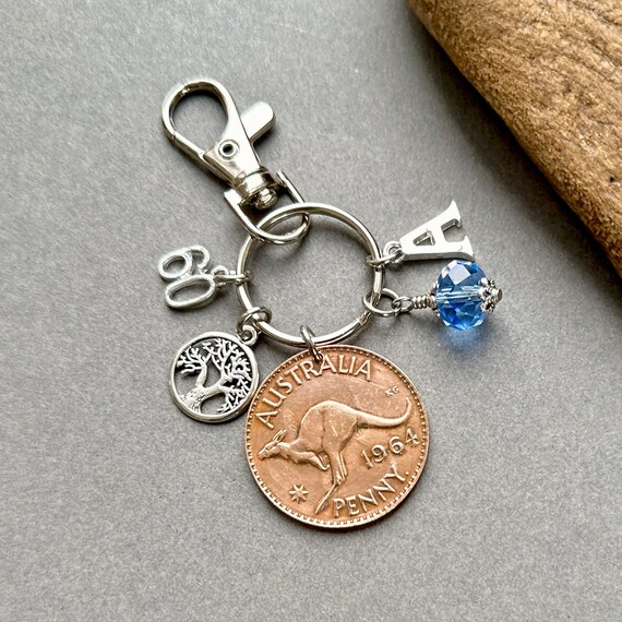 Australian 60th birthday birthstone gift, 1964 Australia penny charm, bag clip key ring, choose initial and birthstone colour