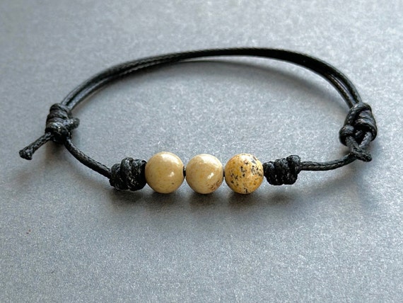 Jasper bead adjustable knotted bracelet, simple jewellery, with a black or brown waxed polyester cord