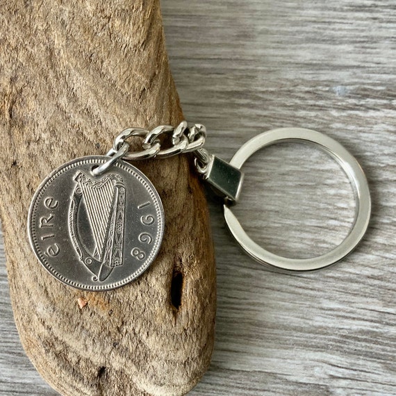 1968 Irish coin keychain, keyring or clip, a perfect 56th birthday gift or anniversary present, handmade with genuine shilling from Ireland