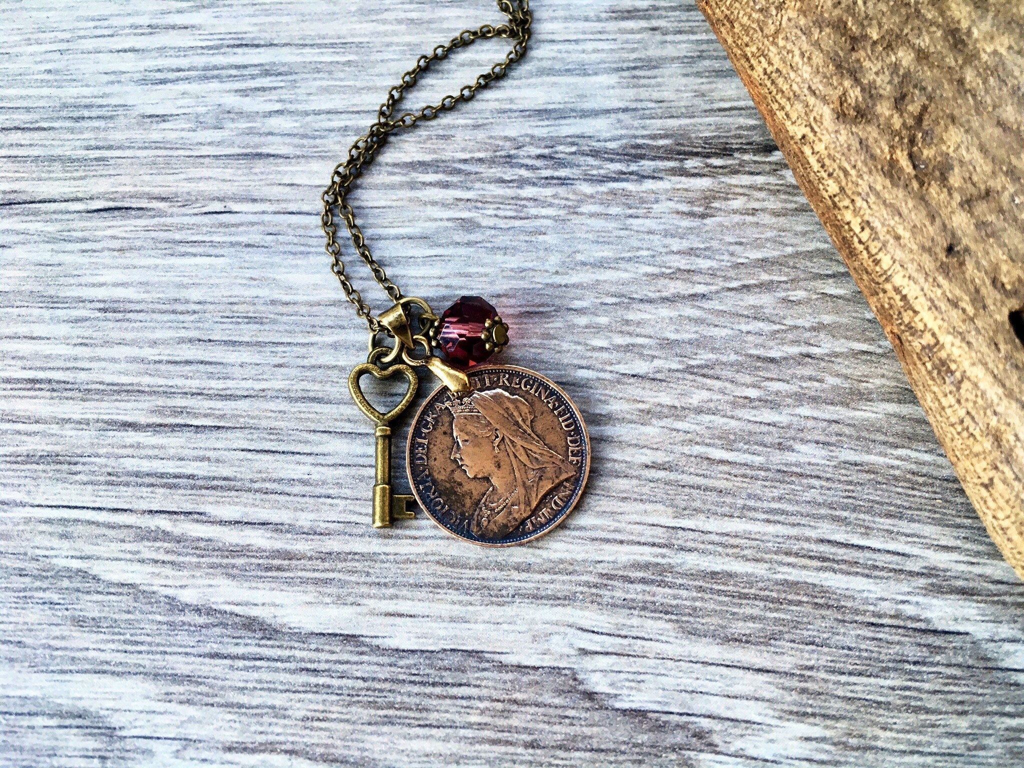 Victorian 1898 coin necklace, British farthing pendant, English jewellery charm necklace. 19th