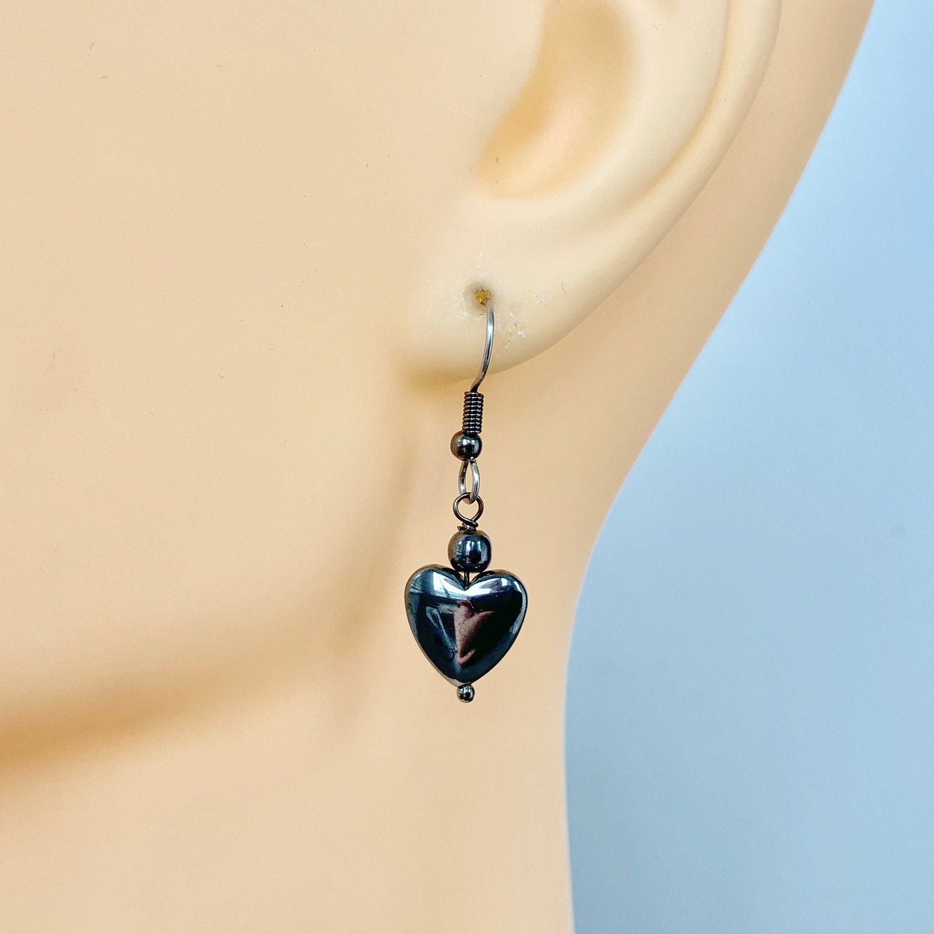 Hematite heart earring, choose between a single earring or a pair of