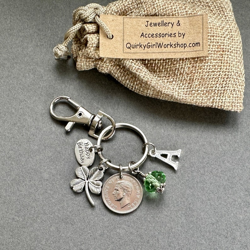 75th birthday gift, 1949 sixpence charm birthstone gift, charm bag clip, personalised gift, choose initial and birthstone colour image 5