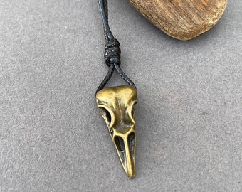 Bronze Raven Skull Necklace: Adjustable Black Cord Pendant