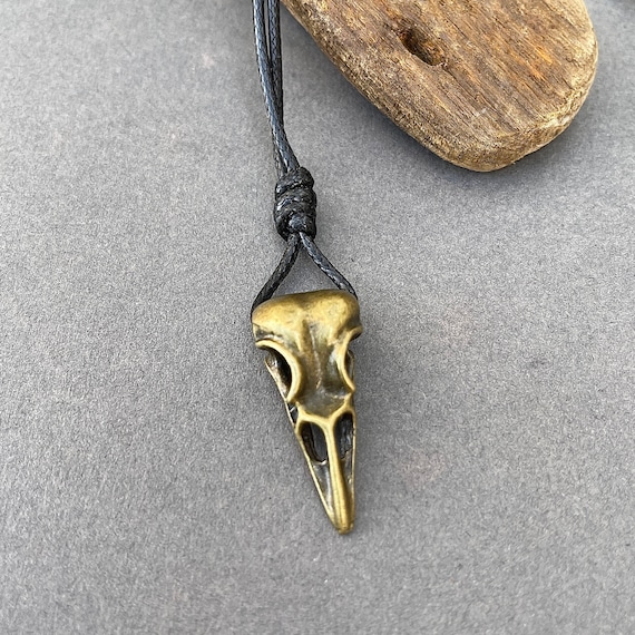 Bronze bird skull necklace, Raven skull jewellery, crow skull, animal skull adjustable pendant, black polyester cord