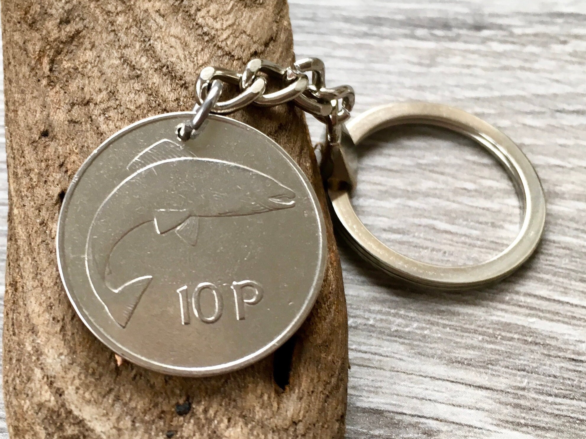 1969 Irish 10p coin keyring, salmon keychain, Celtic key fob, 55th
