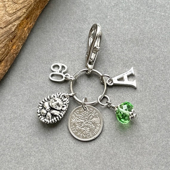 60th hedgehog lovers gift, 1964 sixpence bag clip, personalised gift choose initial and birthstone colour, 60th birthday gift