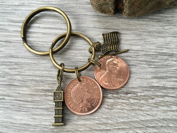 British penny and American penny keyring, Keychain or clip, a great transatlantic anniversary gift