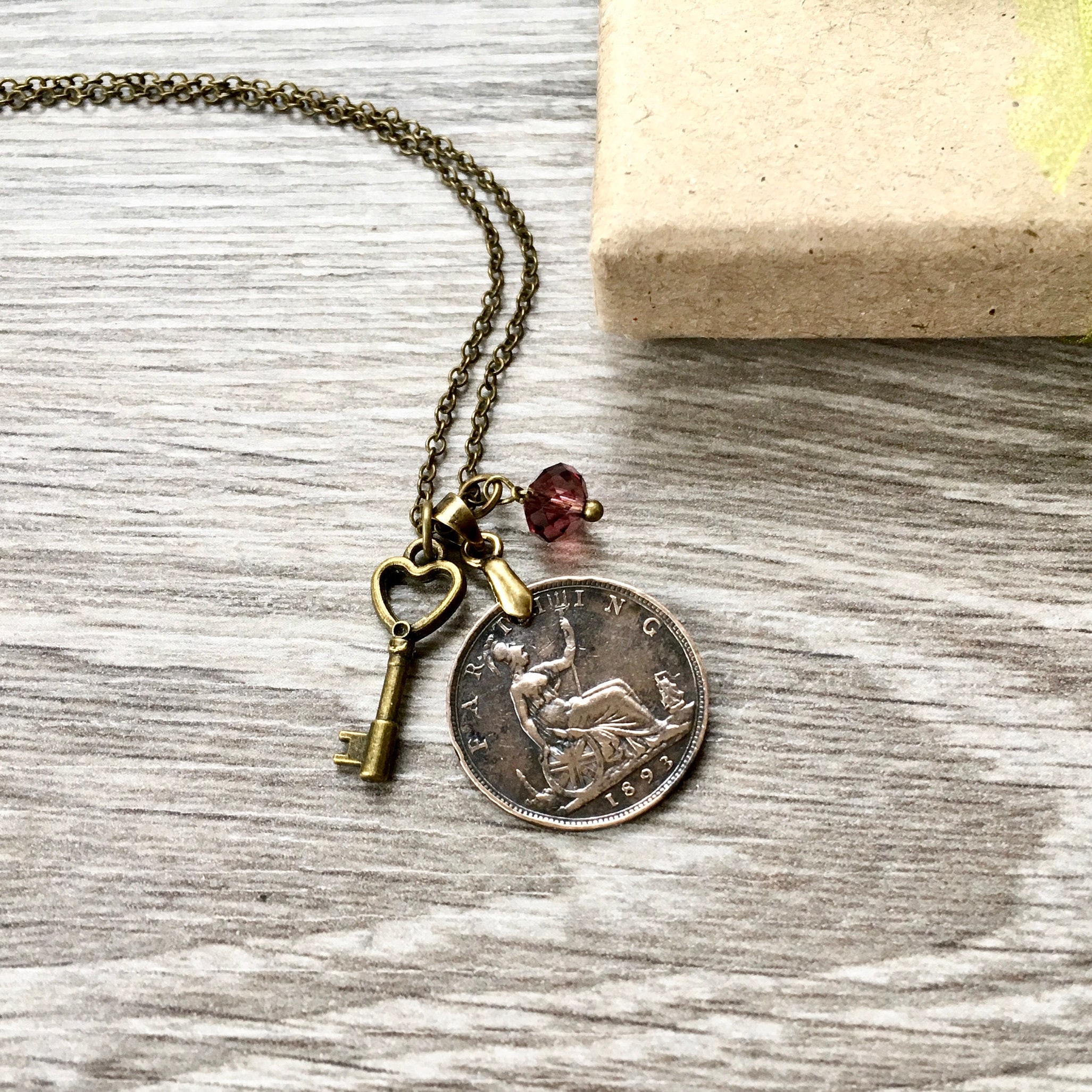 Victorian coin necklace, 1893 British coin pendant, English antique