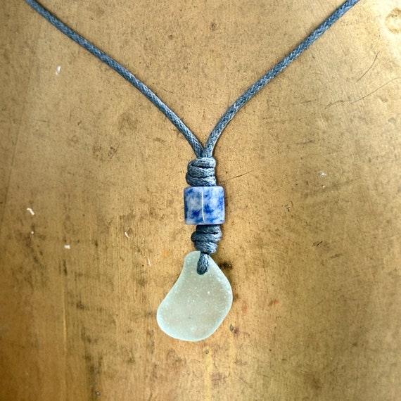 Natural sea glass pendant, Cornish beach glass unisex necklace with blue spot Jasper, boho, bohemian jewellery, blue calming gemstone