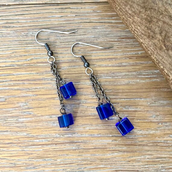 Blue long dangle earrings, handmade with glass cube beads and stainless steel ear wires,