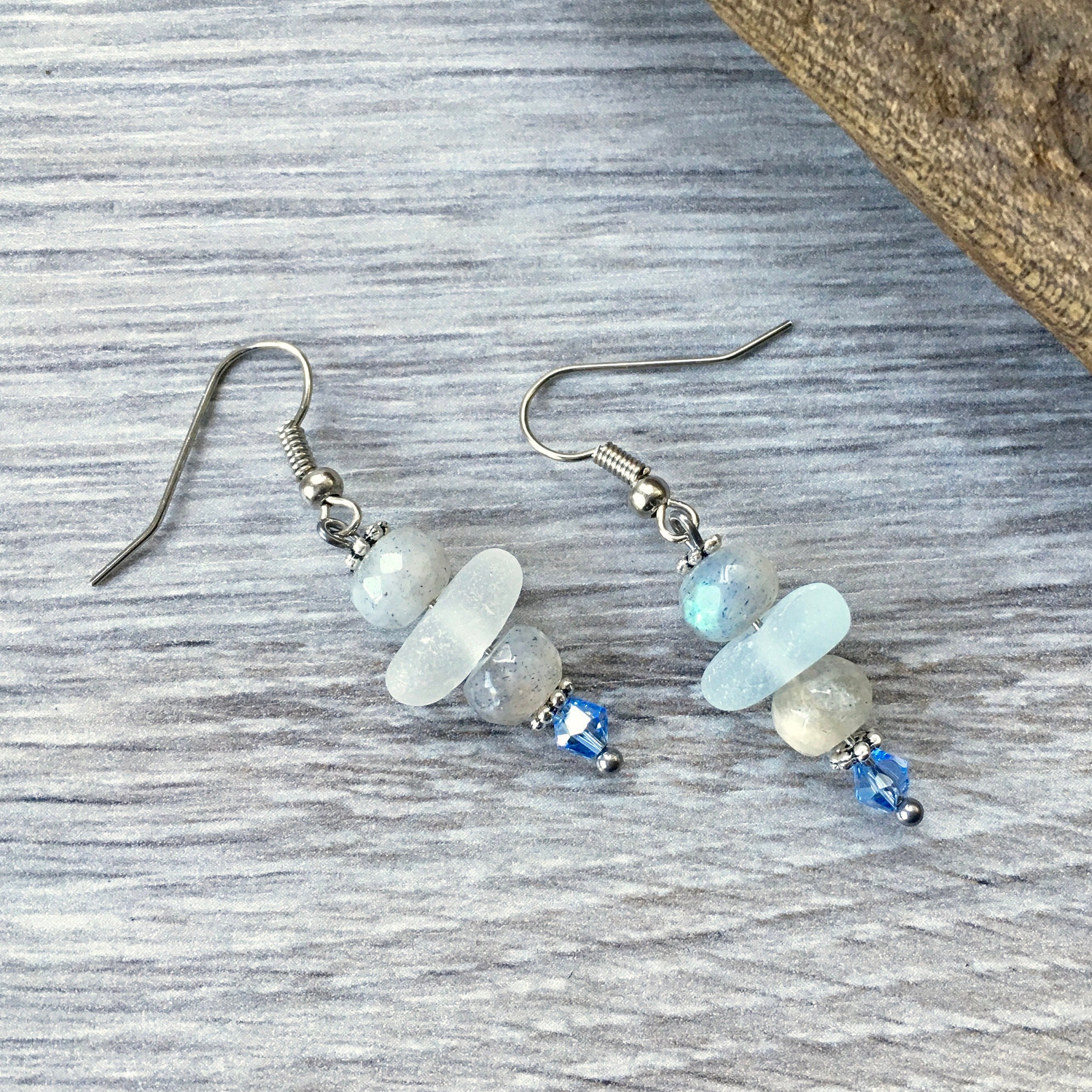 Natural sea glass earrings, handmade with stormy labradorite, sparkly blue crystals, Natural