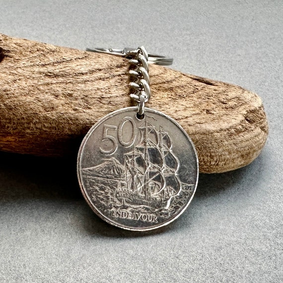 1975 New Zealand coin keyring, 49th birthday gift or Anniversary present for a man or woman, sailing ship, endeavour
