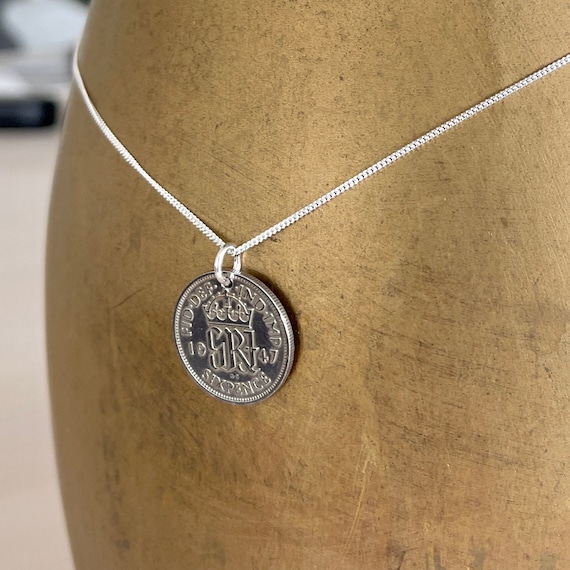 1947 British lucky sixpence necklace on a sterling silver chain, with a choice of chain length, a great 77th birthday gift