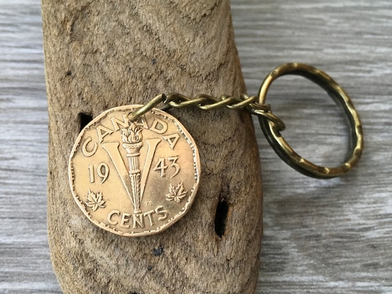 1943 Canadian coin keychain, Canada 5c keyring, 81st birthday present for a man or woman