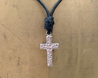Cross necklace Small Hammered stainless steel Cross adjustable pendant on a waxed polyester cord, a great every day necklace