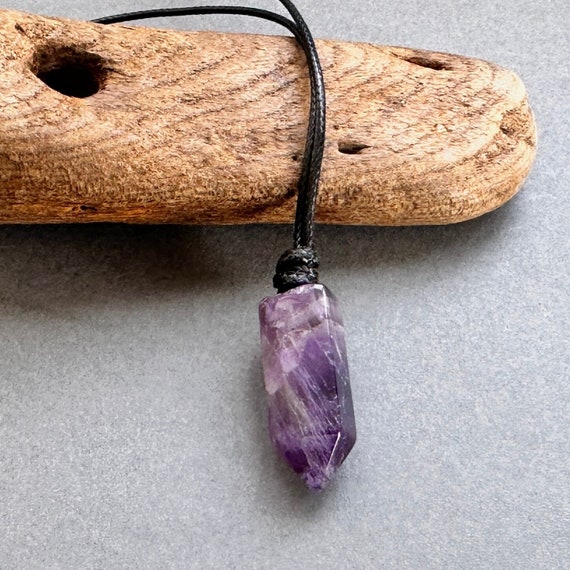 Amethyst point adjustable necklace on a black cord, purple gemstone pendant