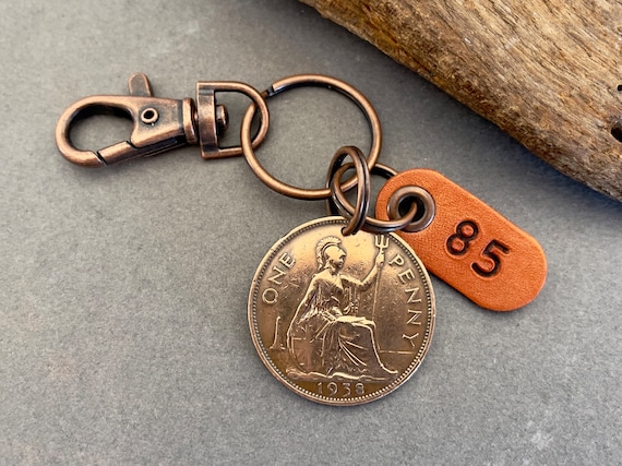 85th birthday gift, 1938 or 1939 big British penny Key ring or clip, U.K. coin, a perfect 85th birthday gift for someone that has everything