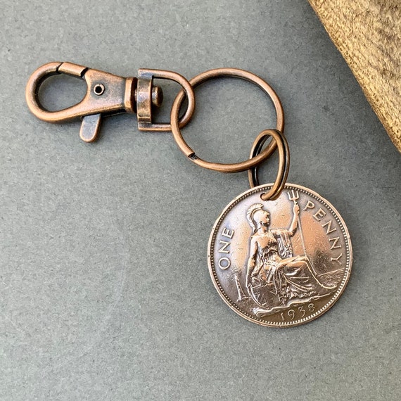 1938 big British penny clip, U.K. coin keyring, a perfect 86th birthday gift