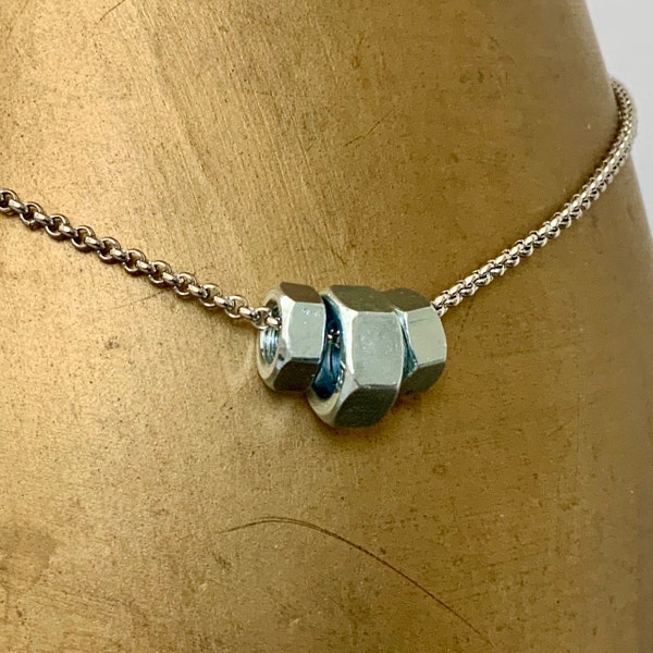 Hex nut necklace, unisex hardware jewelry, stainless steel chain, gift for him or her, mechanics gift, nuts and bolts, unusual jewelry