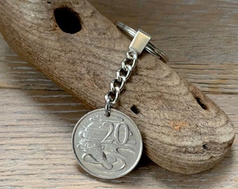 1981 or 1982 duck billed platypus Australian 20 cent coin key ring, choose coin year for a perfect 42nd or 43rd birthday gift