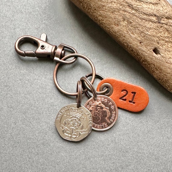 21st birthday gift, a 2003 penny and a 2003 twenty pence clip style key chain, key ring with a leather number 21 tag