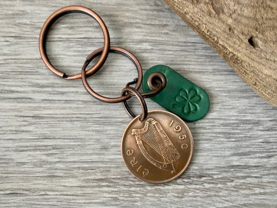 1950 Irish penny and green shamrock keychain, keyring or clip, Ireland gift for a man or woman