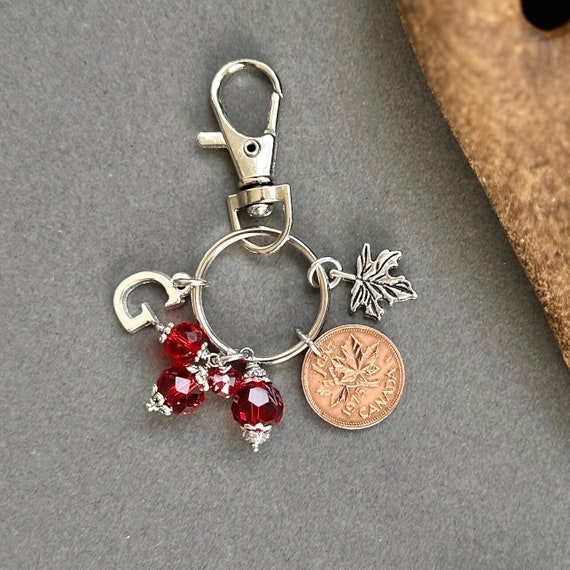 Canada penny charm clip, maple leaf key chain, Canadian coin bag clip, choose coin year and initial for a birthday or anniversary gift