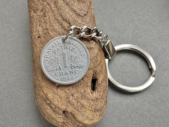 1944 French 1 franc coin key ring, key chain, 79th birthday gift,  France present for a man or woman