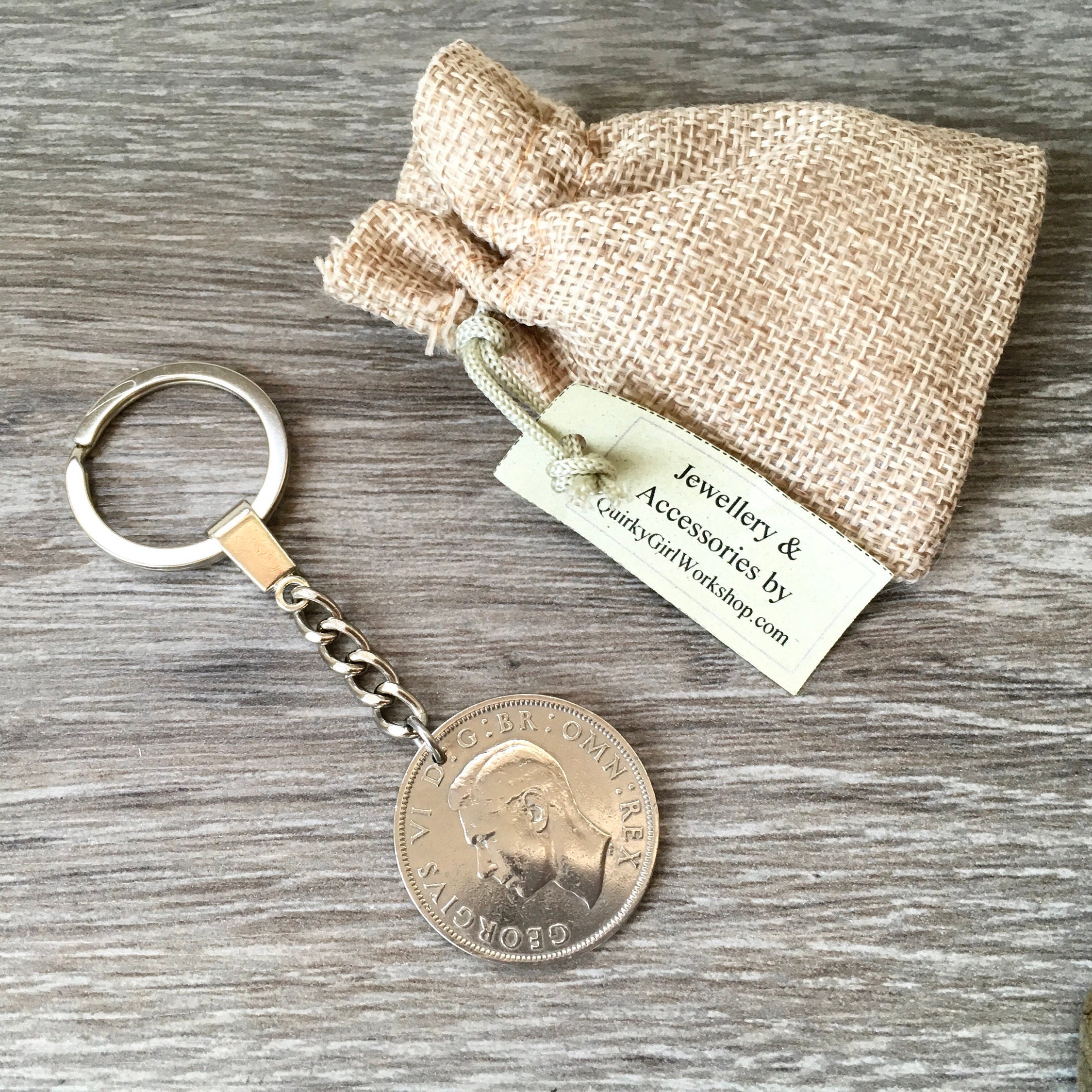 UK half crown coin keyring, keychain, 1949, 1950 or 1951, choose coin