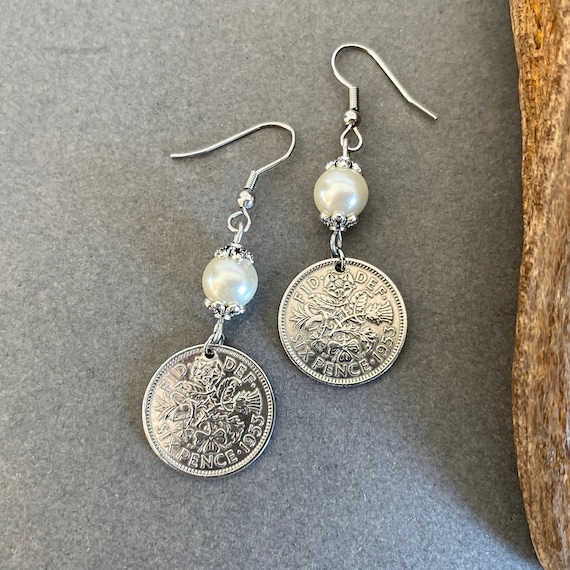 1953 British sixpence and pearl earrings, English coin Jewellery, a perfect 71st birthday gift these earrings will come in a luxury gift box