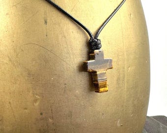 Tigers eye Cross necklace on black waxed polyester cord, adjustable pendant, small gemstone cross