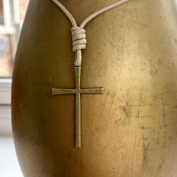 Large cross pendant necklace on a long thick Beige adjustable Cotton cord, crucifix on a natural coloured cord