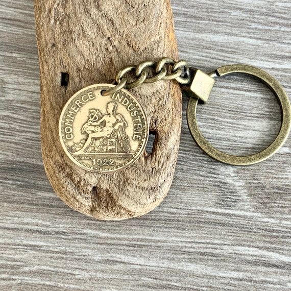 1922 French 1 franc coin key ring, key chain, 102nd birthday gift France anniversary, french antique coin