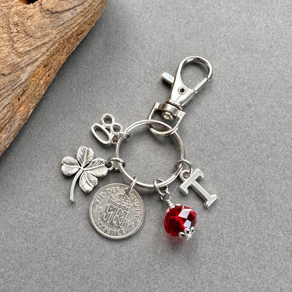 80th birthday gift, 1944 silver sixpence birthstone charm, keyring or bag clip, choose initial and birthstone colour