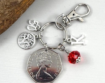 1976 British fifty pence coin Keyring with Charms, 50th birthday in 2026