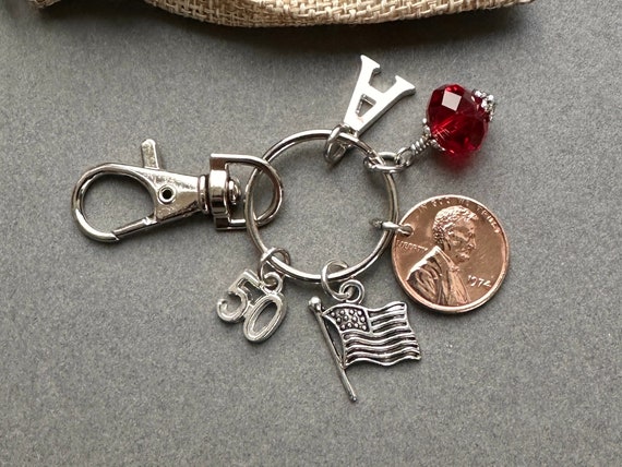 50th birthday gift, 1974 USA one cent coin bag clip charm, choice of initial and birthstone colour charm, 50th anniversary gift woman