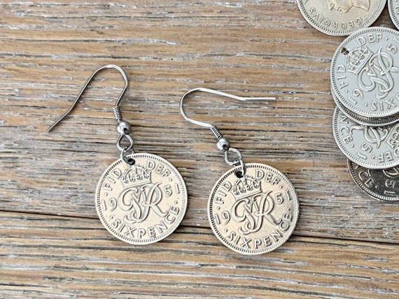 British sixpence earrings 1947 - 1951 choose coin year, stainless steel or sterling silver ear wires