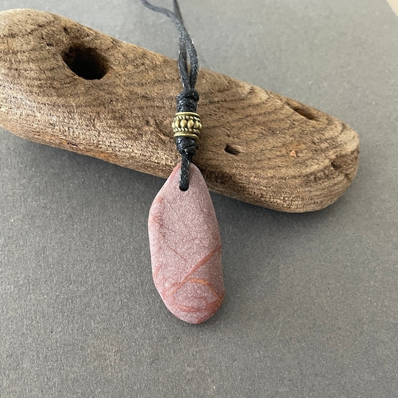 Raw stone necklace, found red / brown pebble pendant, simple natural rock jewellery, adjustable knotted necklace, stone with a cotton cord