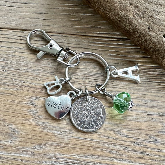 70th gift for your sister, 1954 lucky sixpence charm bag clip, personalised 70th birthday gift, choose initial and birthstone colour