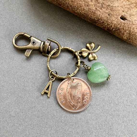 1966 Irish half penny charm with initial of your choice, a shamrock charm and an aventurine heart charm a personalised gift from Ireland