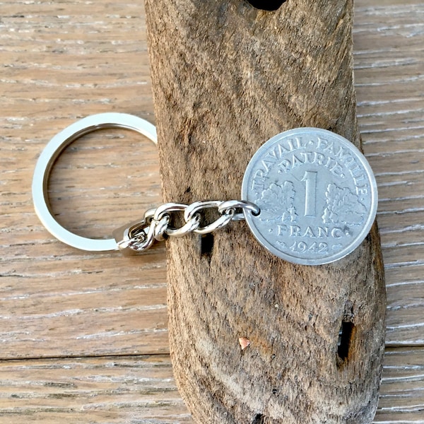 1942 French 1 franc coin key ring, key chain, 82nd birthday gift,  France present for a man or woman