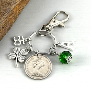 55th Birthday birthstone Gift: 1971 Five Pence Coin Charm Clip with initial