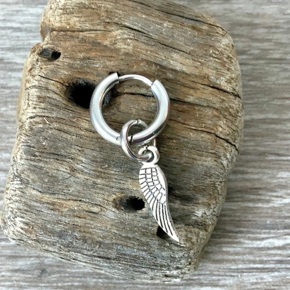 Thick hoop angel wing earring, available as  a single earring or a pair of earrings, stainless steel earrings for men or women