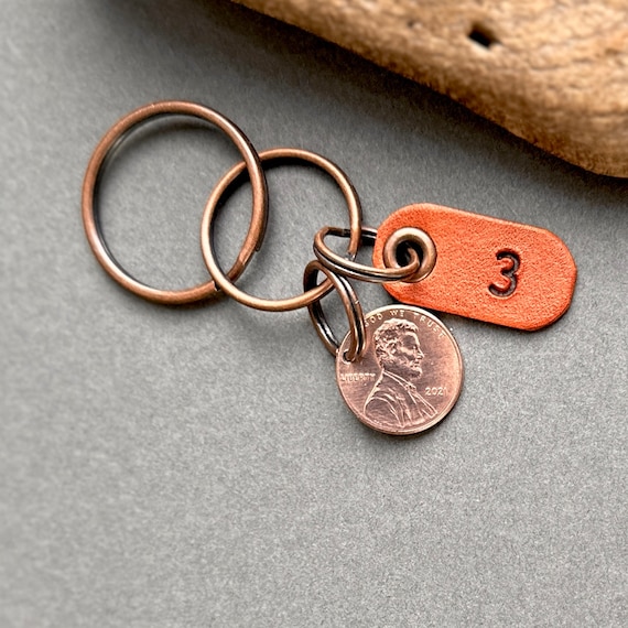 3rd anniversary gift, 2021 USA coin key ring, United States one cent key chain or clip, Leather wedding Anniversary three years