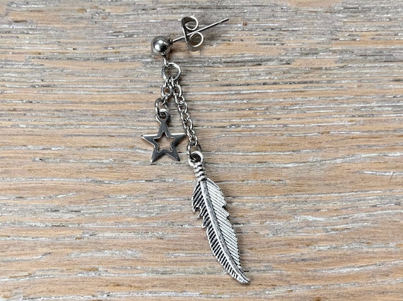 Feather and star dangle earring, available as single earring or a pair of earrings, ball stud earring