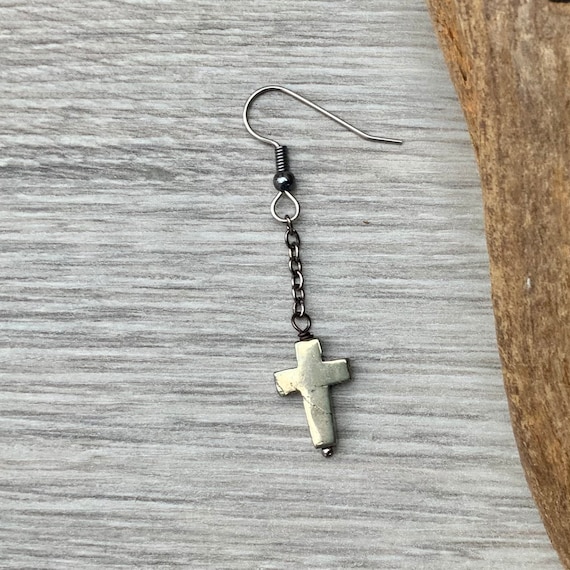 Iron pyrite long cross earring, available as a single earring or a pair of earrings, stainless steel ear wires