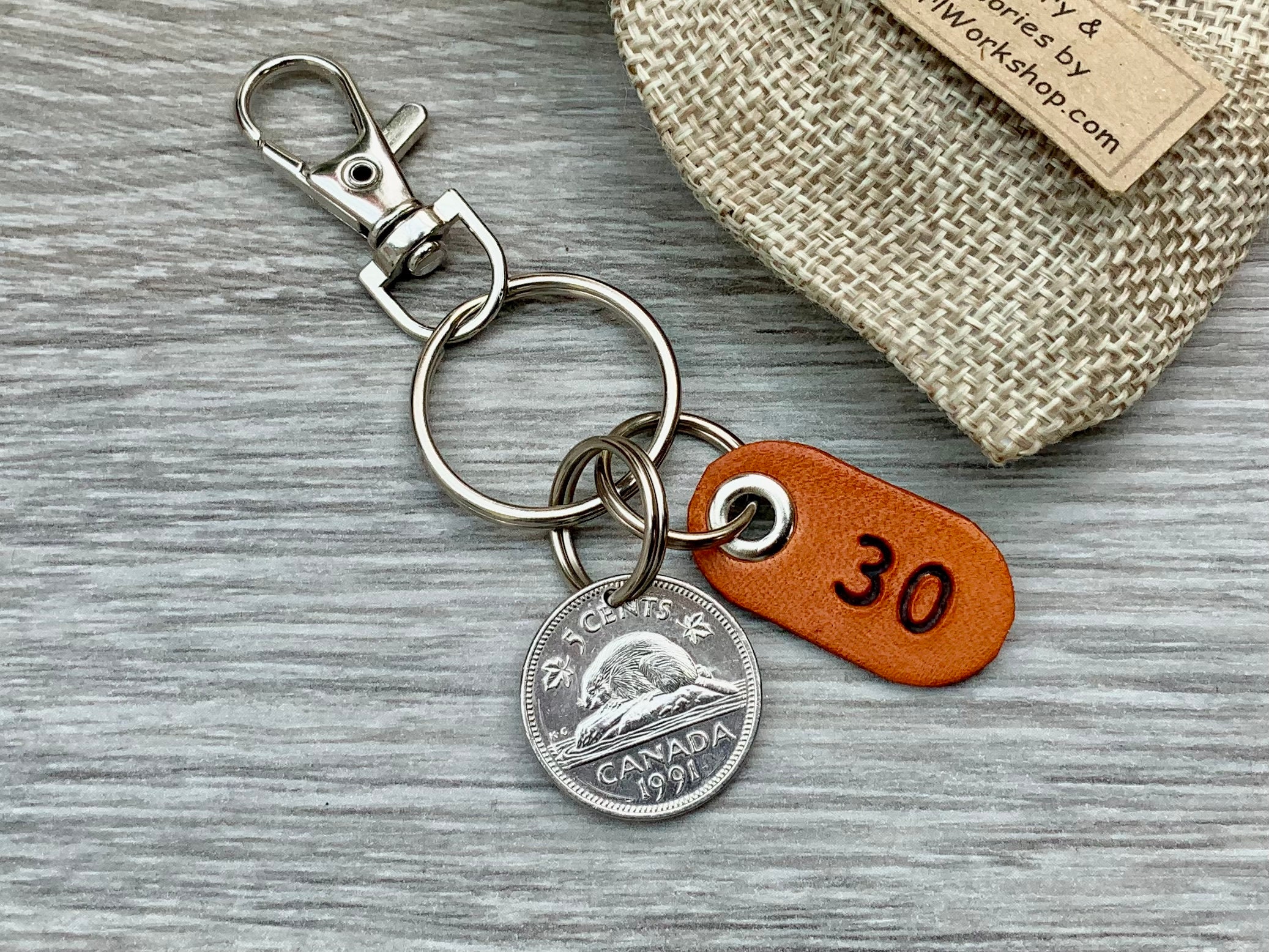 30th birthday gift, 1991 Canadian beaver nickel keychain or clip